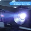 Close-up of a projector lens emitting a bright blue light, with text overlay. Produktbild-Vorschau