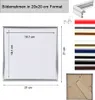 A product image showing a silver picture frame with dimensions and color options, along with a diagram of the frame's construction and the back of the frame. Produktbild-Vorschau