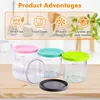 Four clear plastic containers with colored lids (pink, teal, green) and one black lid are arranged on a wooden surface. Above them, a banner highlights product advantages with icons and text. Produktbild-Vorschau