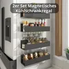 Three magnetic shelves are attached to a refrigerator, holding various jars and bottles. Produktbild-Vorschau