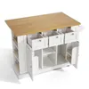 A white kitchen island with a wooden countertop, shown with drawers and doors open. Produktbild-Vorschau