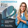 A woman is smiling and clapping her hands in front of a toilet seat with a mosaic pattern. Text and icons related to customer service and company experience are displayed. Produktbild-Vorschau