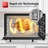 A black mini oven with a rotisserie chicken inside, showcasing its rapid air technology and temperature range. Produktbild-Vorschau