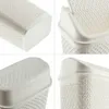 A collage of four close-up shots of a white plastic trash can with a textured pattern. Produktbild-Vorschau