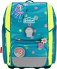 A teal colored backpack with a floral pattern and a cartoon character. Produktbild-Vorschau
