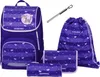 A set of school supplies including a backpack, a drawstring bag, and two pencil cases, all with a purple and butterfly theme. Produktbild-Vorschau