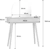 A white vanity table with a mirror and two drawers, shown with dimensions indicated by measurement lines and text. Produktbild-Vorschau