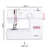 A white sewing machine with pink accents, shown from the front-left, with dimensions indicated by lines and text. Produktbild-Vorschau