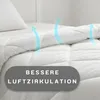 Close-up of a white duvet on a bed, with blue arrows indicating airflow. Produktbild-Vorschau