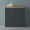 A dark gray cabinet with a wooden top, featuring two bottles of alcohol and two glasses on top. Produktbild-Vorschau
