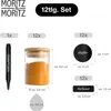 A set of spice jars with labels and a marker, along with their dimensions and capacity. Produktbild-Vorschau