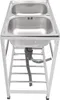 A freestanding double kitchen sink with a metal frame and drainpipe. Podgląd zdjęcia produktu