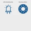 The image displays icons representing product features: an LED work light and a brushless motor. Produktbild-Vorschau