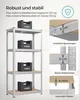 A silver metal shelving unit with brown shelves, featuring black crates labeled '130KG' on each shelf. Inset images highlight construction details and dimensions. Produktbild-Vorschau