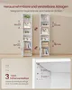 Two white bookshelves are shown with dimensions and features highlighted. Produktbild-Vorschau