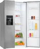 A stainless steel side-by-side refrigerator with the doors open, showcasing its interior contents. Podgląd zdjęcia produktu