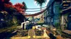 A first-person perspective of a video game scene, showing a futuristic weapon and a desolate, overgrown urban environment. Produktbild-Vorschau