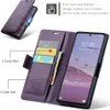 A purple leather wallet-style phone case is shown open, displaying card slots and a phone screen. Produktbild-Vorschau