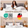 A woman is sitting on a bed with pillows and a duvet, surrounded by marketing text and logos. Produktbild-Vorschau