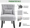 A grey armchair with descriptive labels pointing to its features. Voir les images du produit