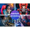 Collage showing different uses of a gaming chair: a woman gaming, a baby in a chair, a woman working on a computer, and a group of people playing a video game. Produktbild-Vorschau