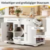 A white kitchen island with a wooden countertop, featuring storage compartments and drawers, set in a kitchen environment. Anteprima dell’immagine prodotto