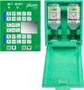 A green plastic case containing two bottles of eyewash solution, with an instructional diagram on the left. Voir les images du produit