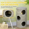 A cat scratching post with multiple levels and openings, with text overlays highlighting its features and benefits for pets. Produktbild-Vorschau