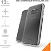 A transparent phone case is shown with feature callouts. Produktbild-Vorschau