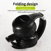 A black pair of headphones folded for portability, with marketing text overlay. Produktbild-Vorschau