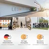 A collage of images showing a modern building with 'LED LICHTRAUM' signage, an interior warehouse scene, a group photo of employees, and three icons with text descriptions related to business features. Produktbild-Vorschau