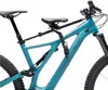 A teal mountain bike with a black child seat mounted on the frame. Produktbild-Vorschau