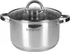 A stainless steel pot with a glass lid and handles, shown from the front. Produktbild-Vorschau