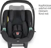 A black baby car seat with a grey headrest insert and teal accents, shown from the front. Anteprima dell’immagine prodotto
