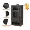 A black wood-burning stove with informational callouts and a warranty badge. Produktbild-Vorschau
