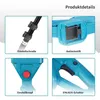 A collage of four close-up images showing details of a blue and black power tool, likely an electric hedge trimmer or pole saw. Produktbild-Vorschau