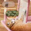 A cat is lying on a pink cat tree with sisal scratching posts. Inset images highlight the materials used. Produktbild-Vorschau