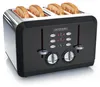 A black four-slice toaster with stainless steel accents, featuring illuminated buttons and dials. Produktbild-Vorschau