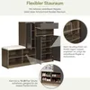 A shoe cabinet with a bench and various compartments, with close-up insets highlighting storage options and shoe capacity. Voir les images du produit