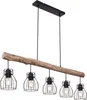 A five-light pendant chandelier with a natural wood beam and black metal cage shades. Produktbild-Vorschau