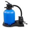A blue sand filter with a black pump and hose, set on a black base, against a white background. Produktbild-Vorschau