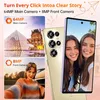 A marketing image for a smartphone, showcasing its camera capabilities with sample photos and text overlays. Produktbild-Vorschau