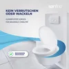 A close-up marketing image of a white toilet seat mounted on a wall, with text overlays highlighting product features. Produktbild-Vorschau