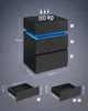 A black nightstand with blue LED lighting is shown with dimensions and drawer details. Náhled obrázku produktu