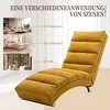 Collage showing a yellow chaise lounge with text indicating its versatility in different room settings. Voir les images du produit