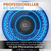 Close-up of a fan with blue light rings, with text overlays describing its features. Produktbild-Vorschau