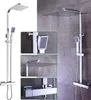 A collage of images showing a modern shower set with a rain shower head and a hand shower, with close-ups of its components and a larger image of it in use. Náhled obrázku produktu
