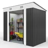 A metal garden shed with sliding doors, containing shelves, gardening tools, and a wheelbarrow. Náhľad obrázku produktu