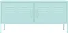 A mint green metal TV cabinet with two doors and ventilation slits on each door, standing on four legs. Anteprima dell’immagine prodotto