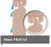 A close-up cross-section of a wooden profile with water droplets, indicating water resistance. A magnified view of the profile's interlocking mechanism is shown in a circle. Text at the bottom indicates '19mm PROFILE'. Produktbild-Vorschau